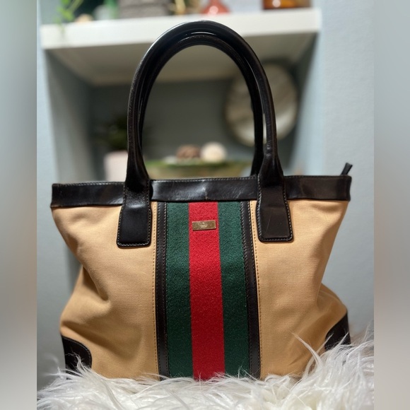 Gucci Handbags - GUCCI Web Sherry Line Tote Bag Canvas Leather Purse- 💎Authenticated 💎